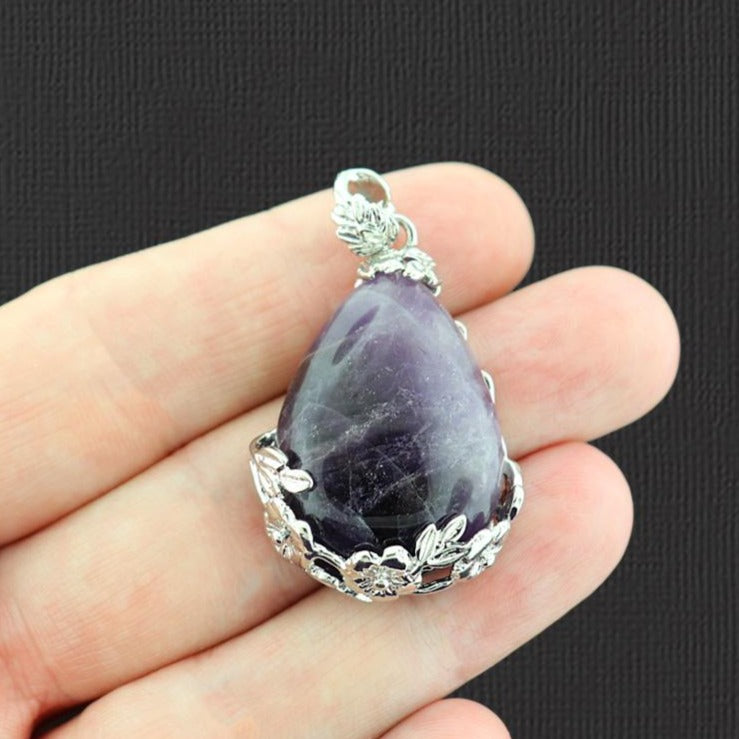 Pendentif floral en forme de goutte de quartz rose naturel - GEM050