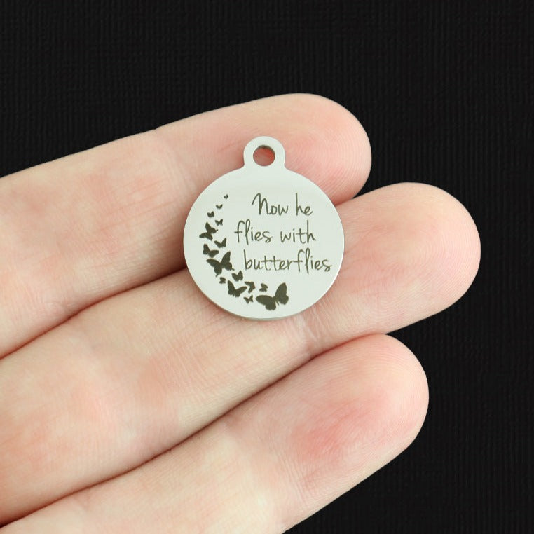 Now He Flies With Butterflies Stainless Steel Charms - BFS001-3254