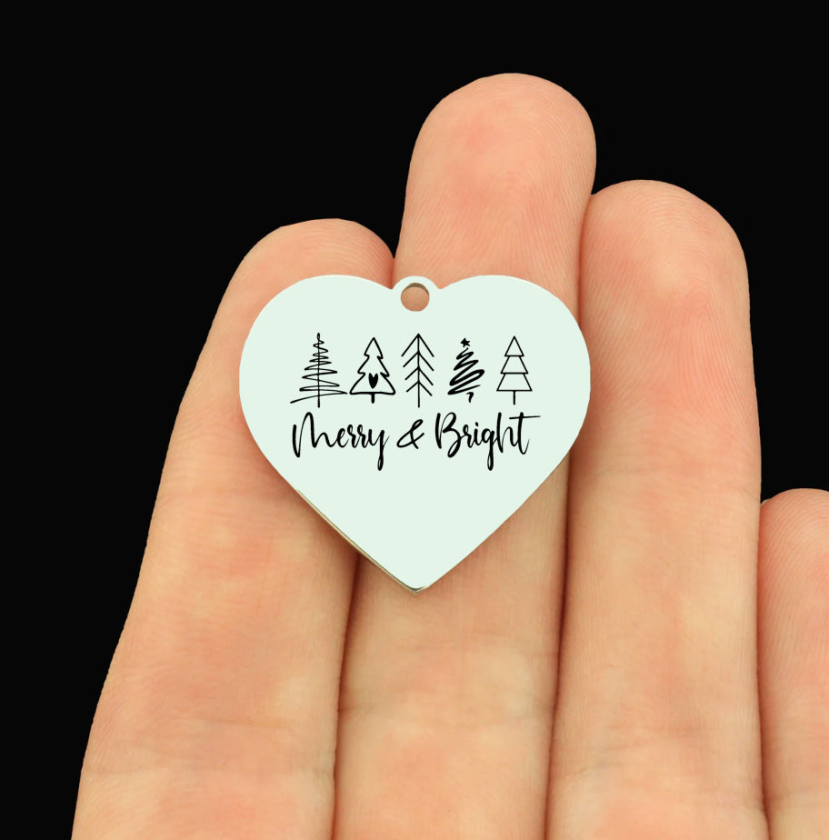 Christmas Stainless Steel Large Heart Charms - Merry and Bright