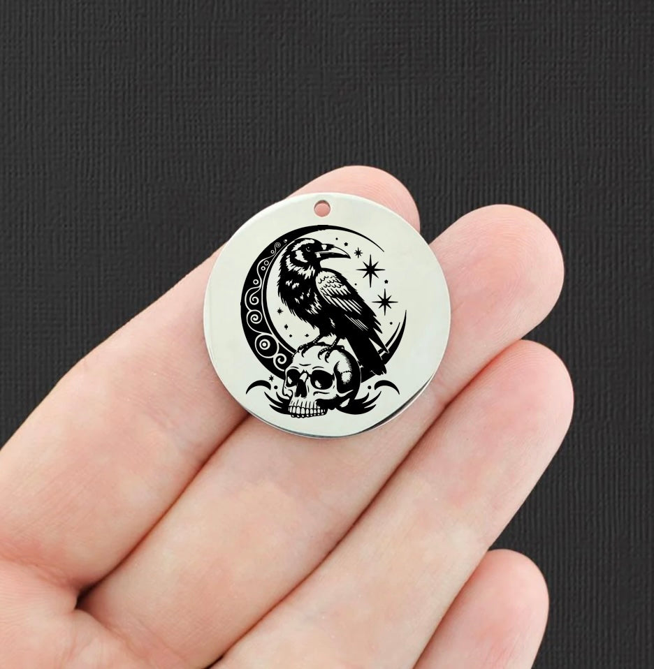 Halloween Stainless Steel 30mm Round Charms - Celestial Crow and Skull