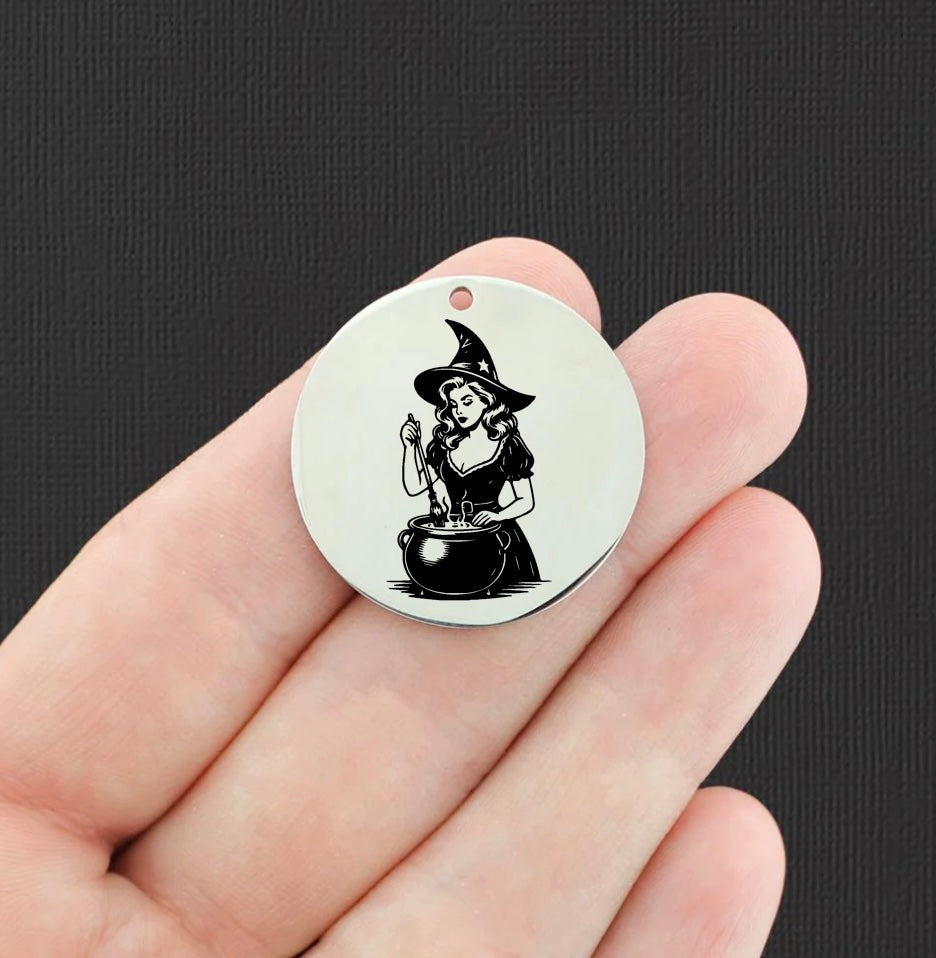 Halloween Stainless Steel 30mm Round Charms - Girly Witch