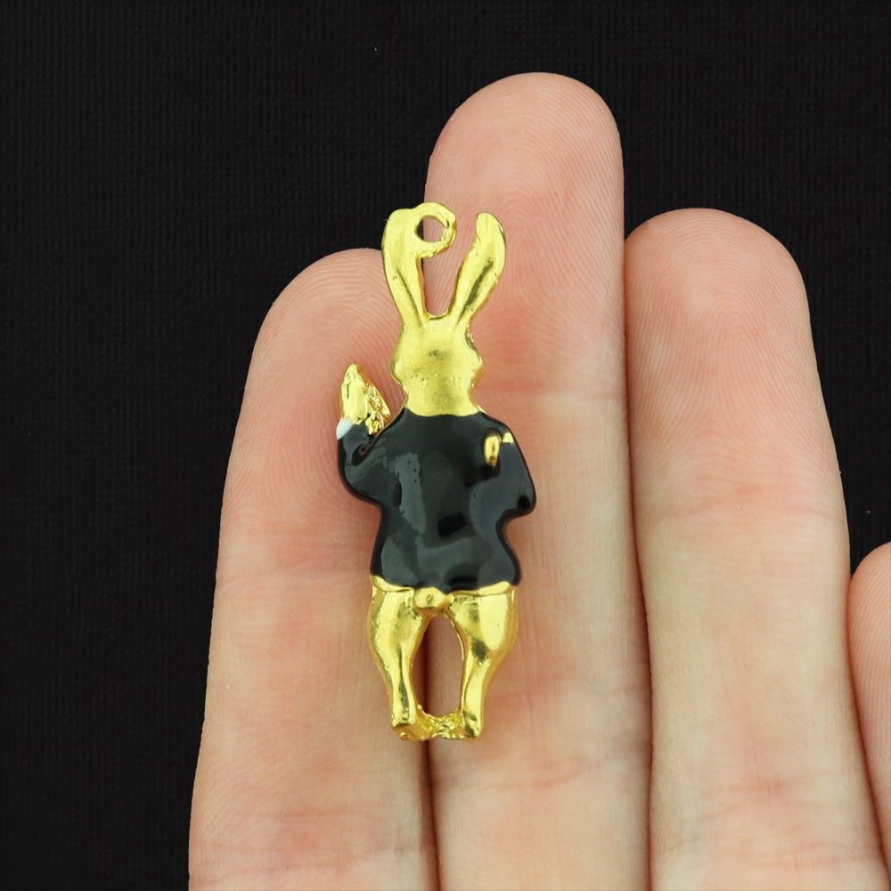 Rabbit with Pocket Watch Gold Tone Enamel Charms 3D - E348