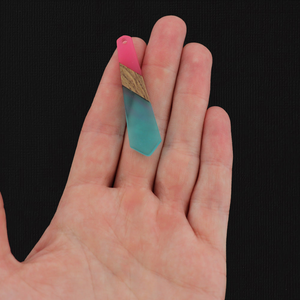Rectangular Tie Natural Wood and Pink and Blue Resin Charm 49mm - WP027
