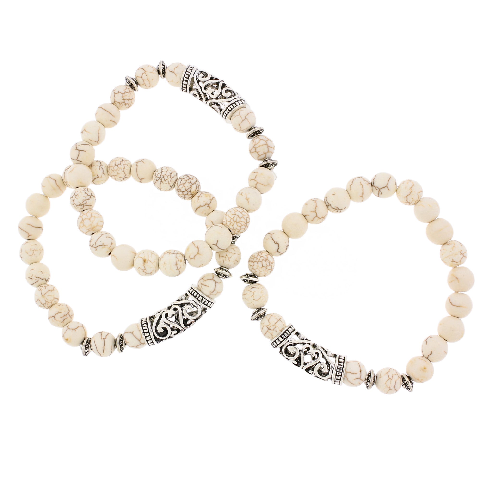 Bracelet de perles rondes en howlite bleue 45 mm - Bélière argentée antique - 1 bracelet - BB181