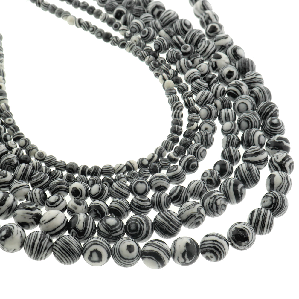 Round Natural Lace Malachite Beads 4mm - 8mm - Choose Your Size - Black and White Swirl - 1 Full 15.5" Strand - BD3019