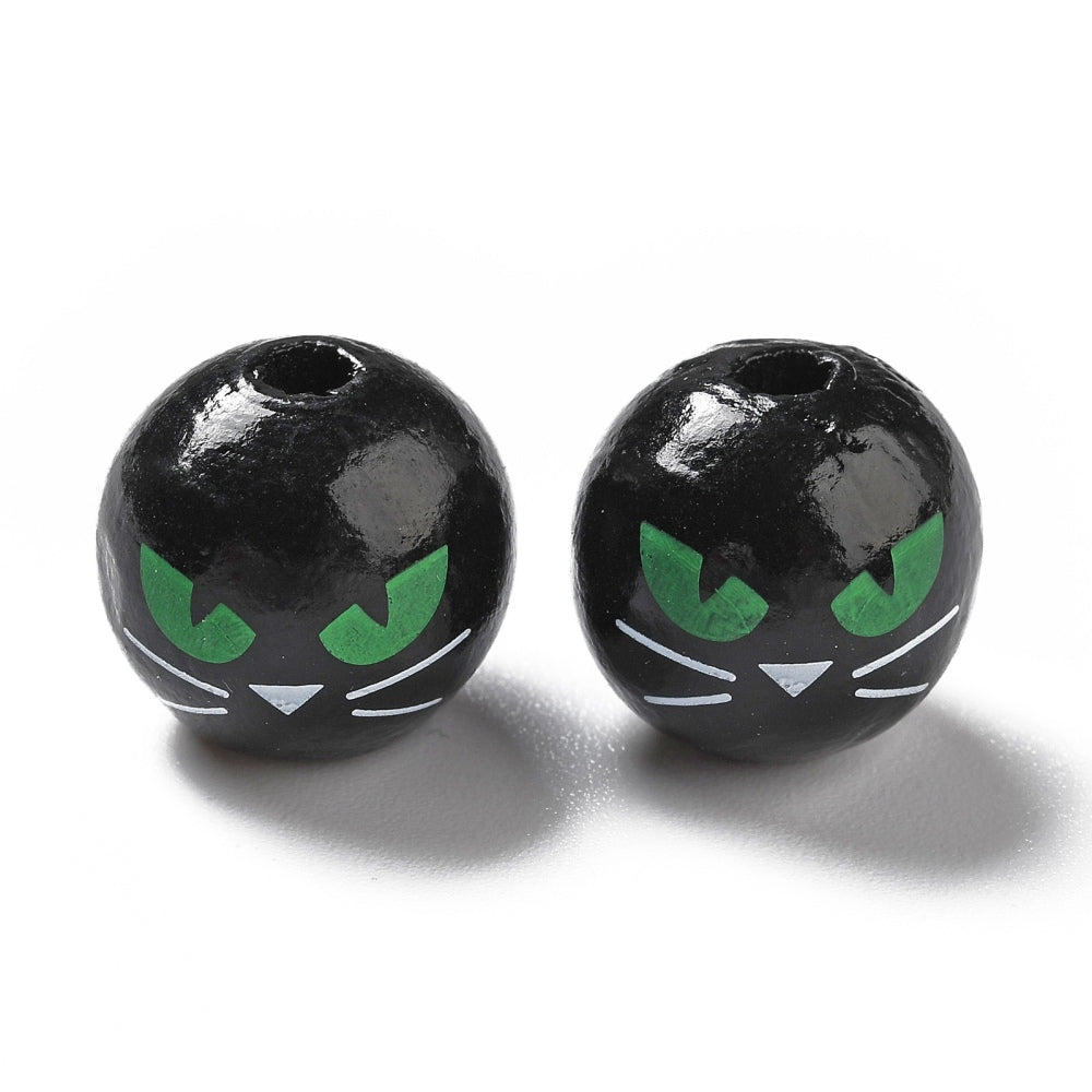 Round Wooden Beads 15mm - Black Cat - 15 Beads - BD2088