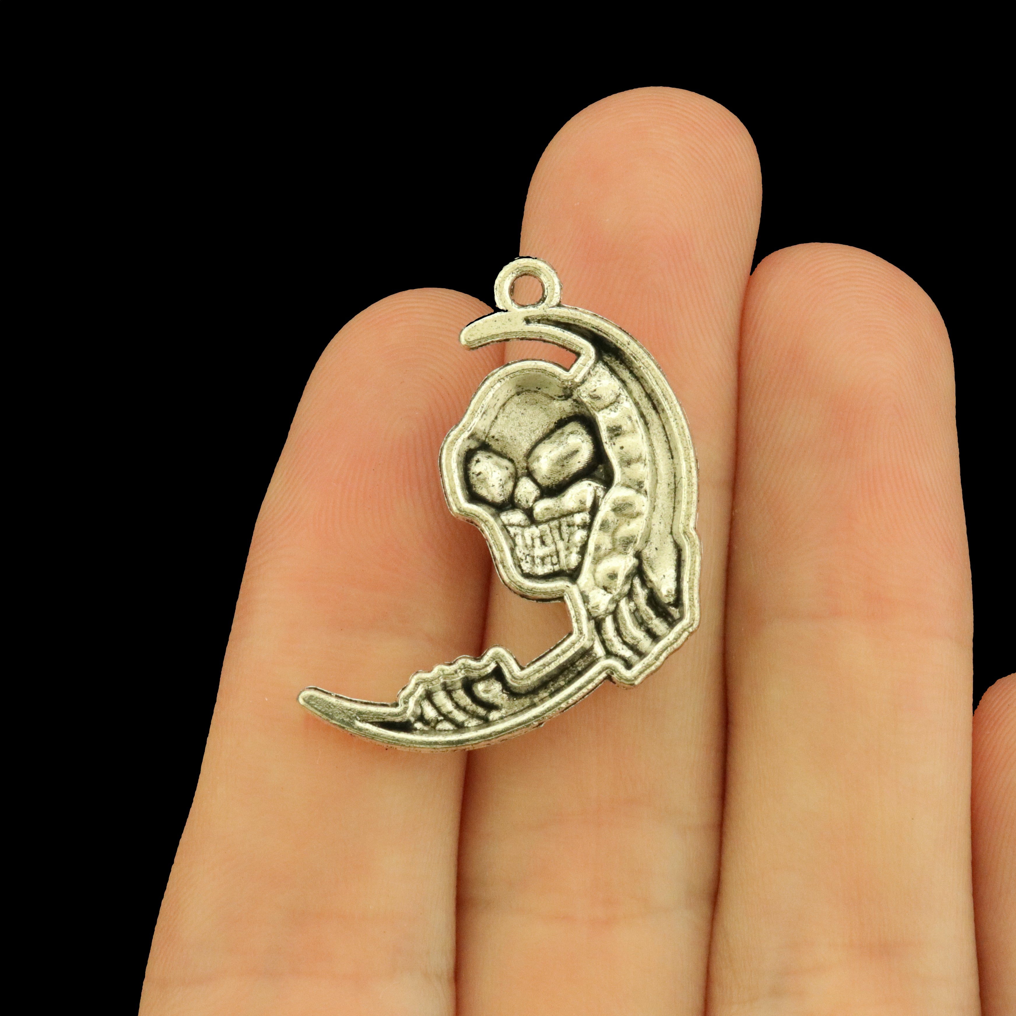 10 Crescent Moon with Smiling Skull Antique Silver Tone Charms - SC511