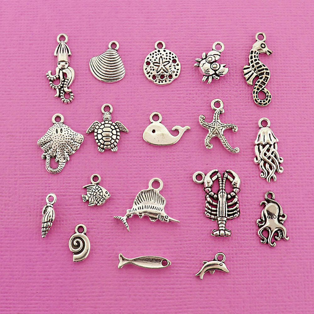 Sea Animal Charm Collection Antique Silver Tone 18 Different Charms - COL415H