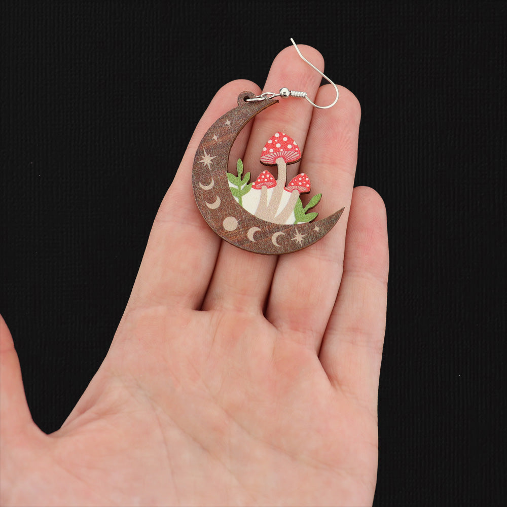 Silver Tone Wood Earrings - Mushroom Crescent Moon French Hook Style - 55mm x 55mm - 2 Pieces 1 Pair - ER937