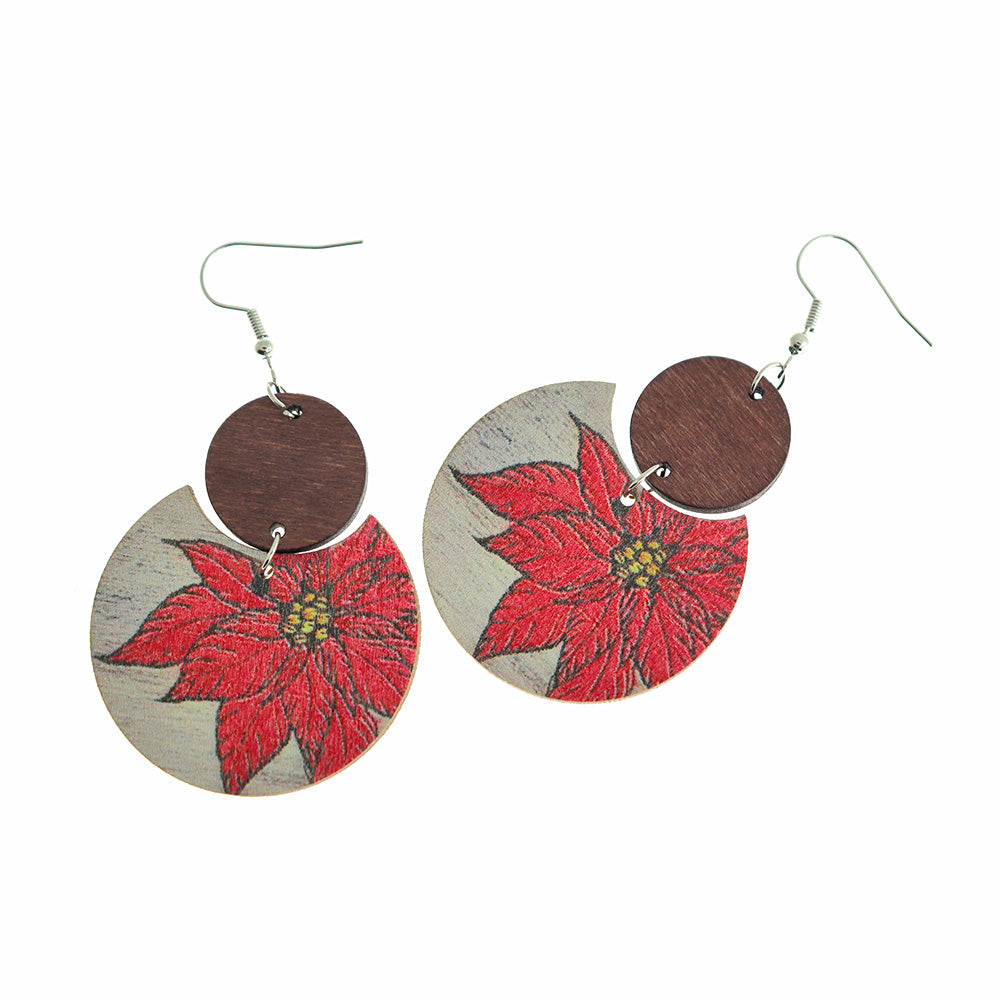 Silver Tone Wood Earrings - Poinsettia Flower French Hook Style - 60mm x 60mm - 2 Pieces 1 Pair - ER973