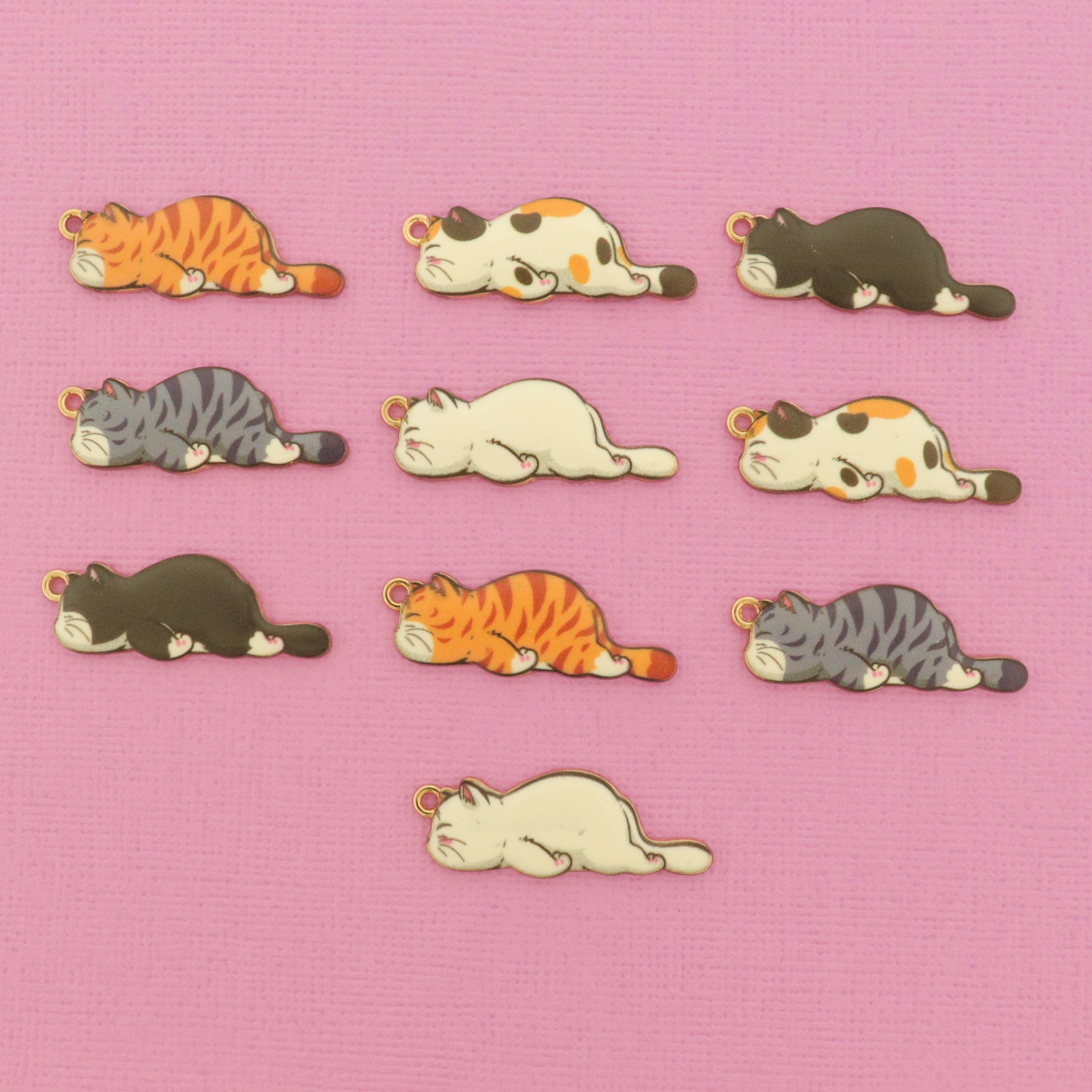 Sleeping Cat Charm Collection - 10 Assorted Enamel Charms - COL474H