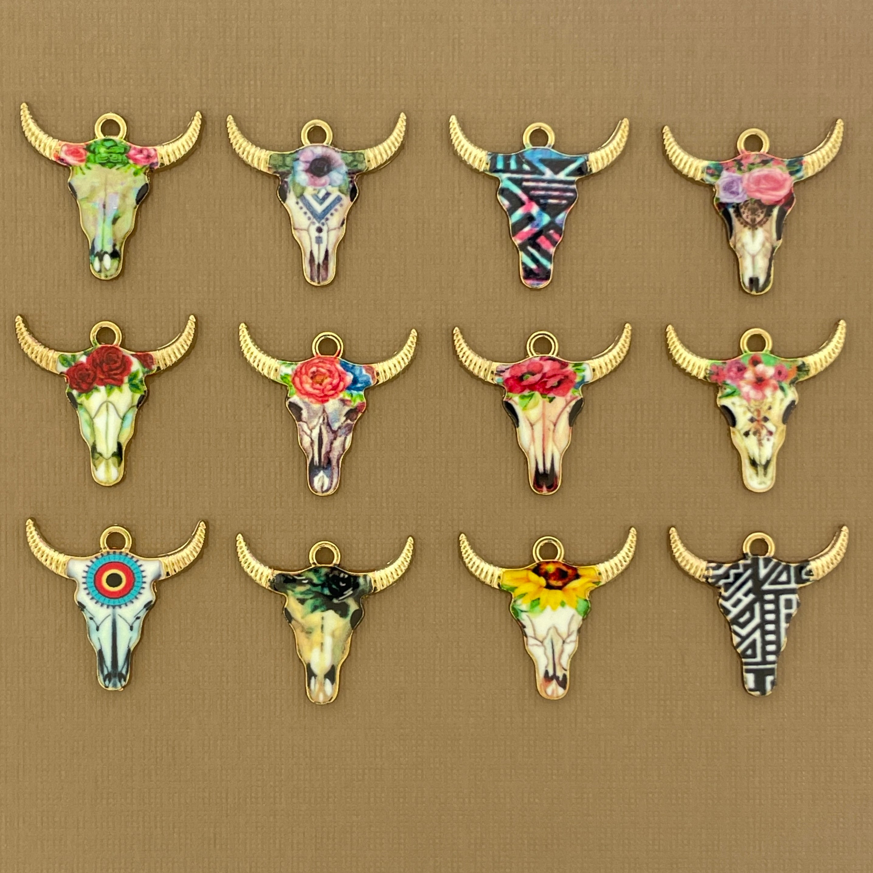 Southwestern Enamel Charm Collection - 12 Different Cattle Skull Charms - COL097H