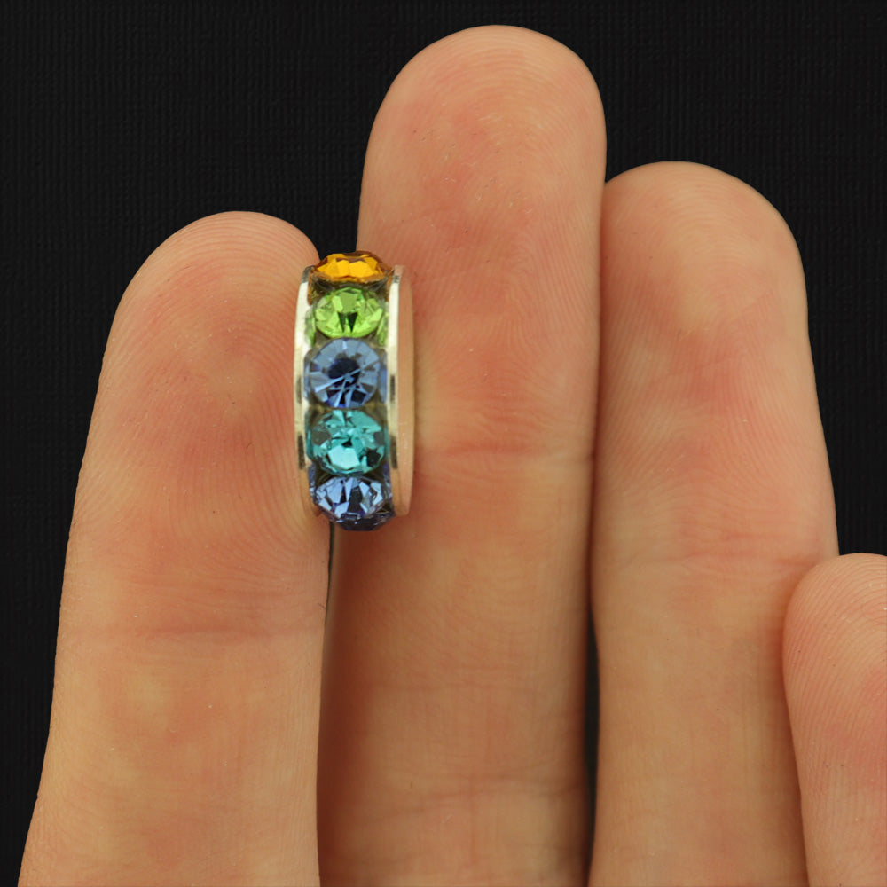 Spacer Metal Beads 15mm - Silver Tone with Inset Multi-Color Rhinestones - 4 Beads - SC1152