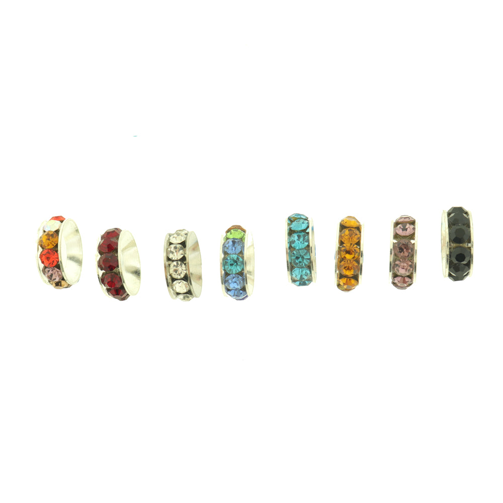 Spacer Metal Beads 15mm - Silver Tone with Inset Multi-Color Rhinestones - 4 Beads - SC1152