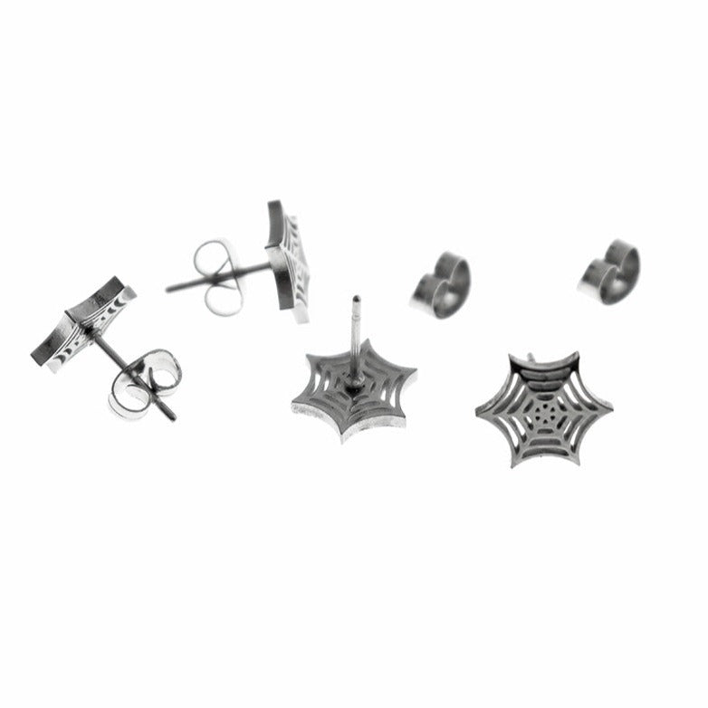 Spider Web Stainless Steel Earrings - 9mm - 1 Pair - Choose Your Tone!