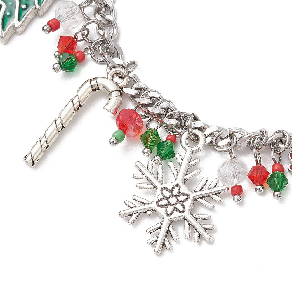 Stainless Steel Christmas Bracelet with Enamel Charms - 7.5"