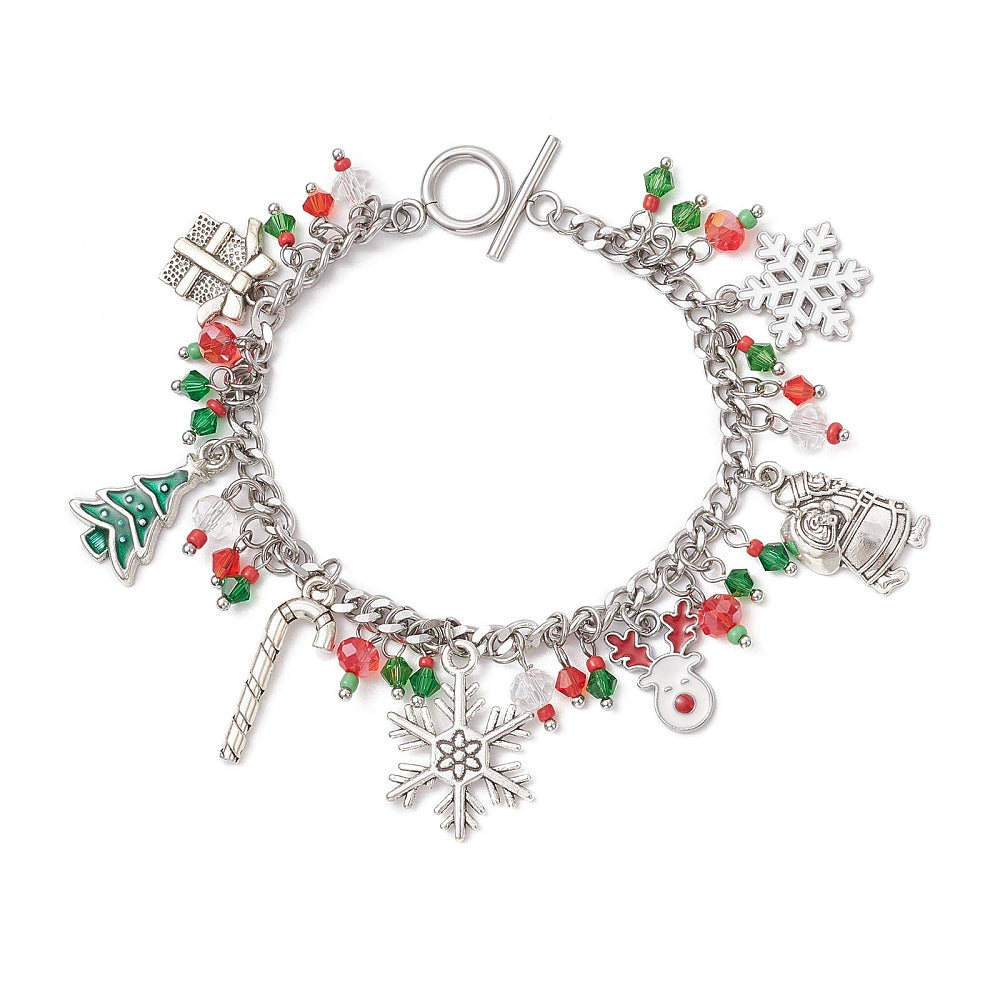 Stainless Steel Christmas Bracelet with Enamel Charms - 7.5"