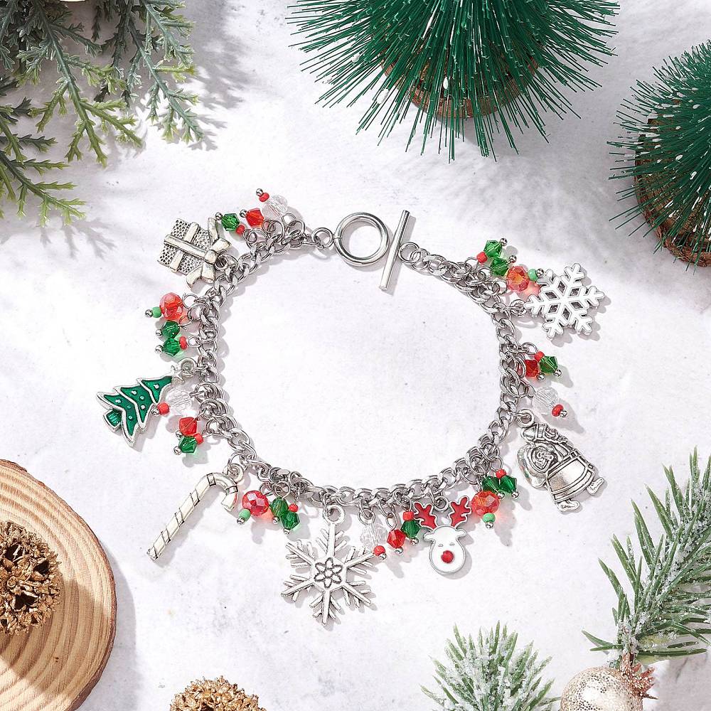 Stainless Steel Christmas Bracelet with Enamel Charms - 7.5"