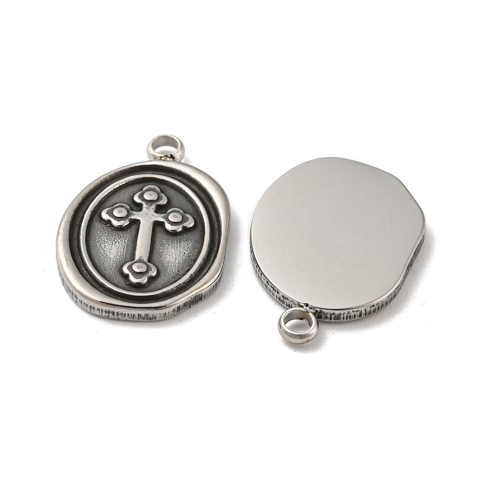 Stainless Steel Cross Charm - Antique Accents - Flat Round Wax Seal Design