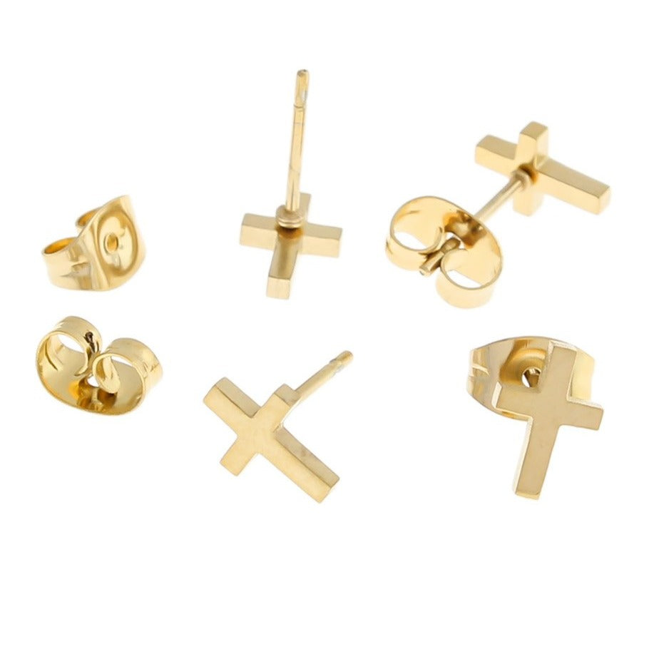 Stainless Steel Earrings - Cross Studs - 8mm x 5mm - 1 Pair - Choose Your Tone!