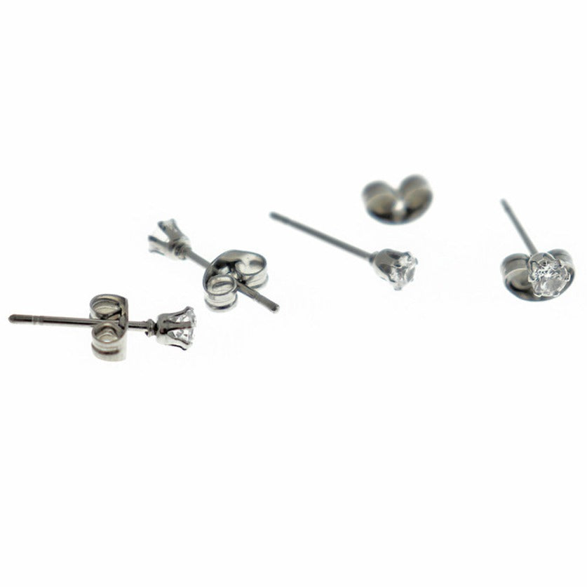 Stainless Steel Earrings - Cubic Zirconia Studs - 1 Pair - Choose Your Size!