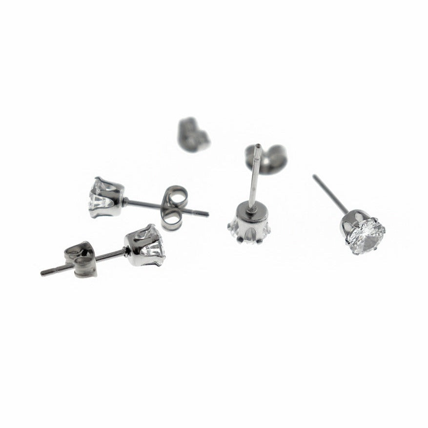 Stainless Steel Earrings - Cubic Zirconia Studs - 1 Pair - Choose Your Size!