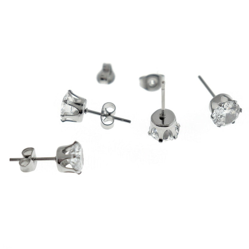 Stainless Steel Earrings - Cubic Zirconia Studs - 1 Pair - Choose Your Size!