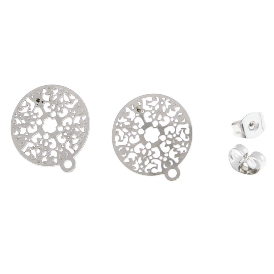 Stainless Steel Earrings - Filigree Studs With Loop - 16mm x 14mm - 1 Pair - Choose Your Tone!