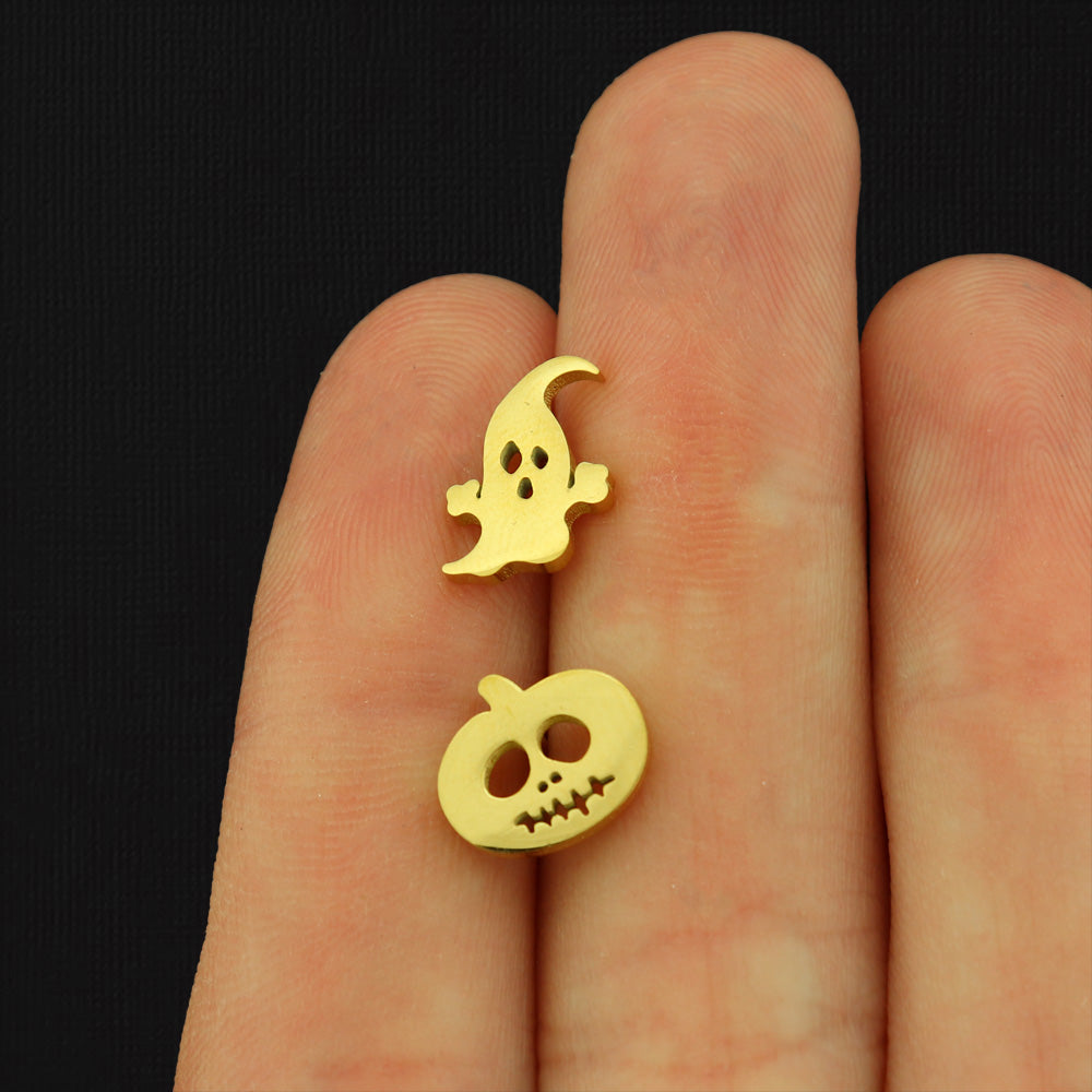 Stainless Steel Earrings - Ghost and Pumpkin Studs - 10mm x 8mm - 2 Pieces 1 Pair - Choose Your Tone