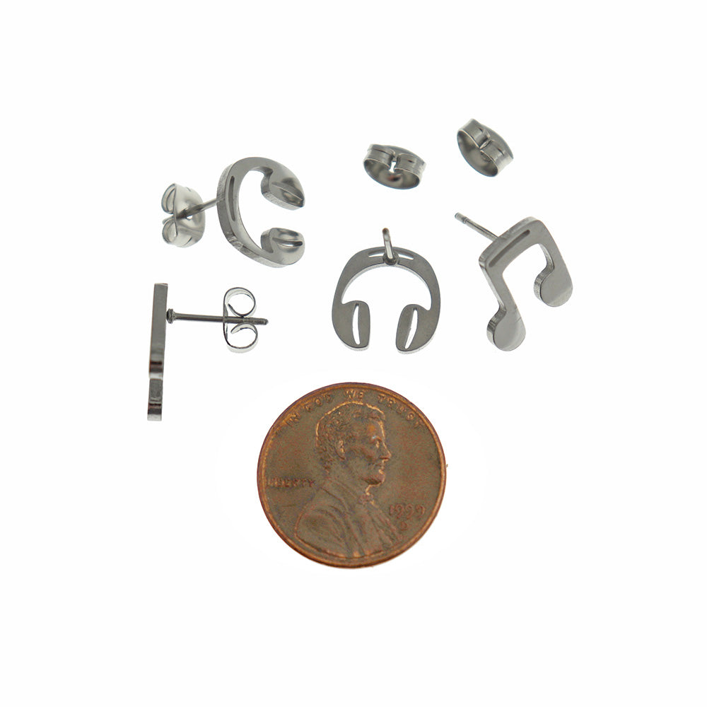 Stainless Steel Earrings - Headphones and Music Note Studs - 11mm - 1 Pair - Choose Your Tone!