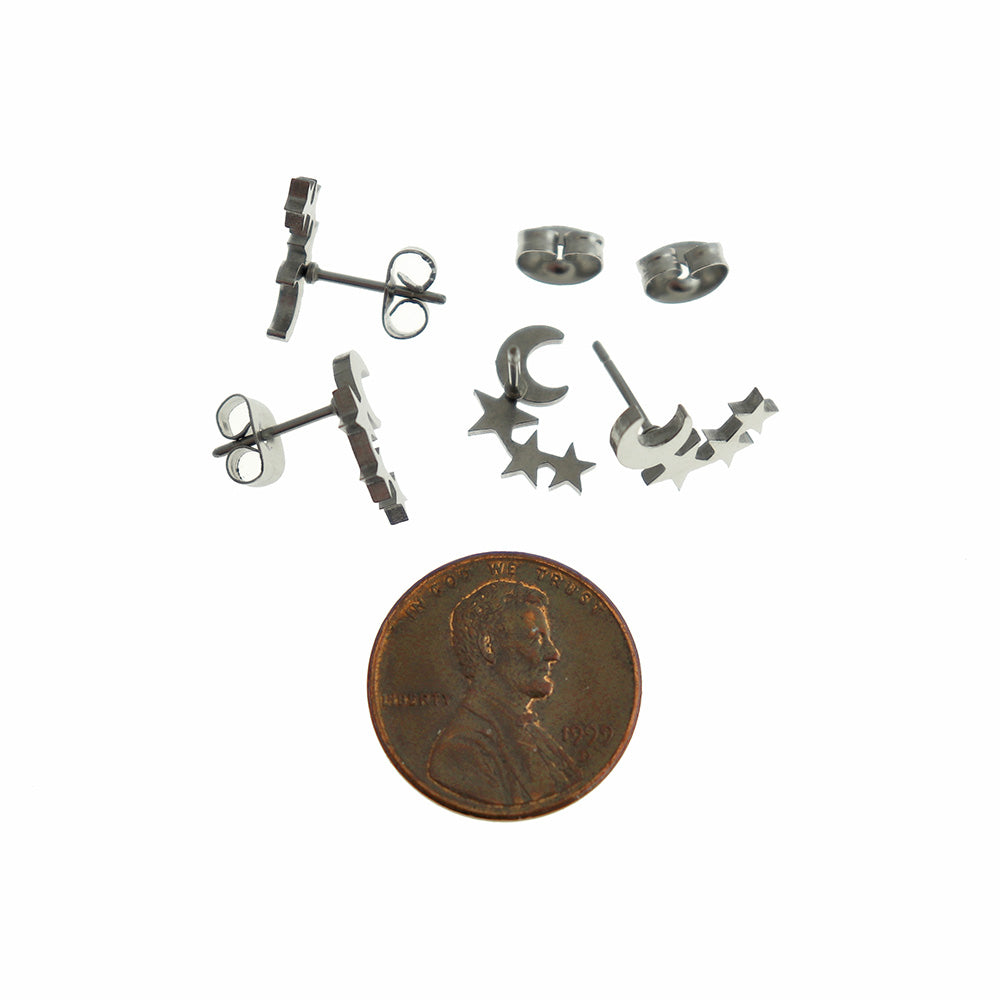 Stainless Steel Earrings - Moon and Stars Studs - 12mm - 1 Pair - Choose Your Tone!