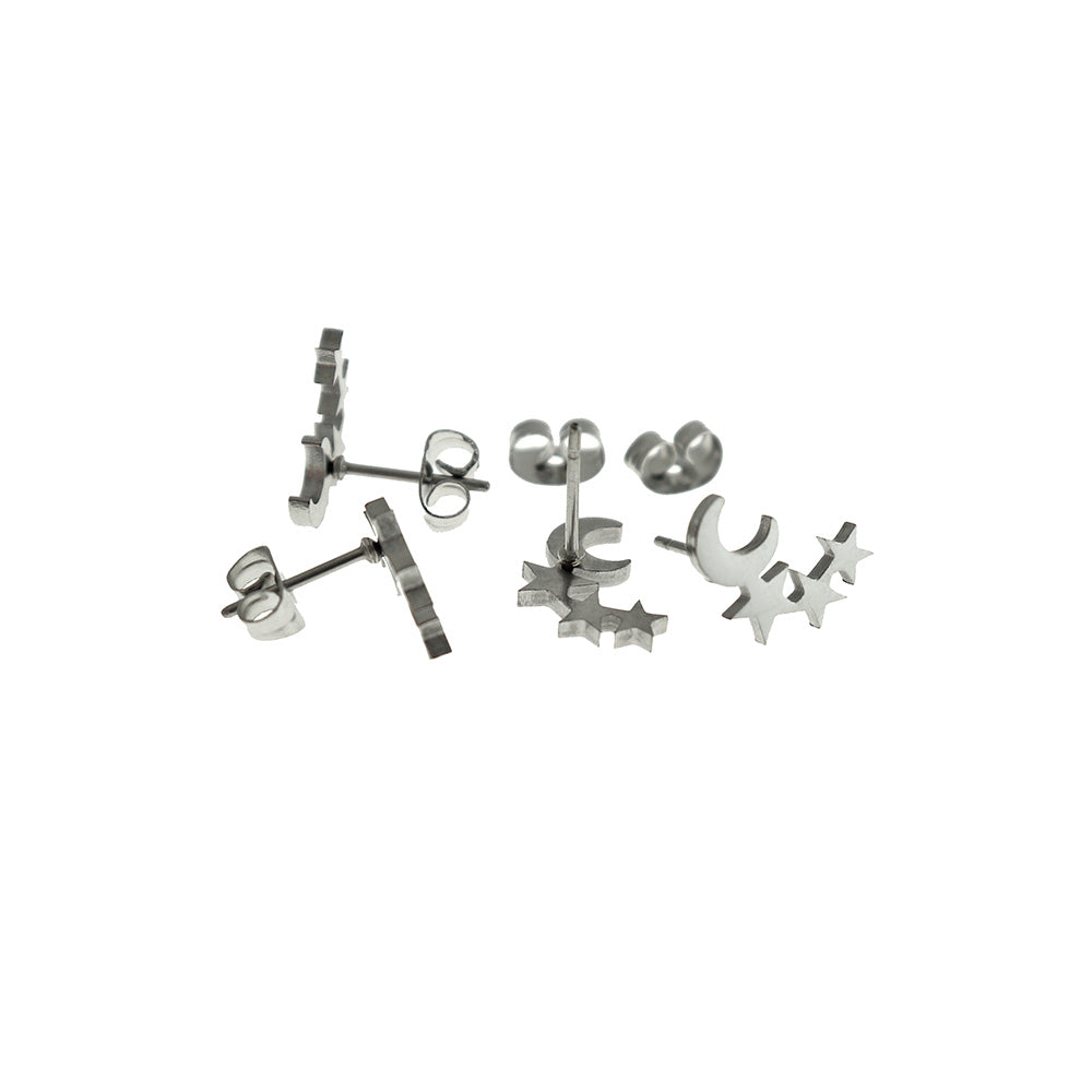 Stainless Steel Earrings - Moon and Stars Studs - 12mm - 1 Pair - Choose Your Tone!