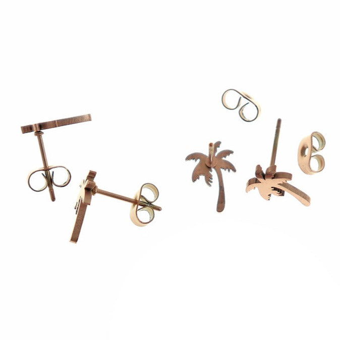 Stainless Steel Earrings - Palm Tree Studs - 11mm x 8mm - 1 Pair - Choose Your Tone!