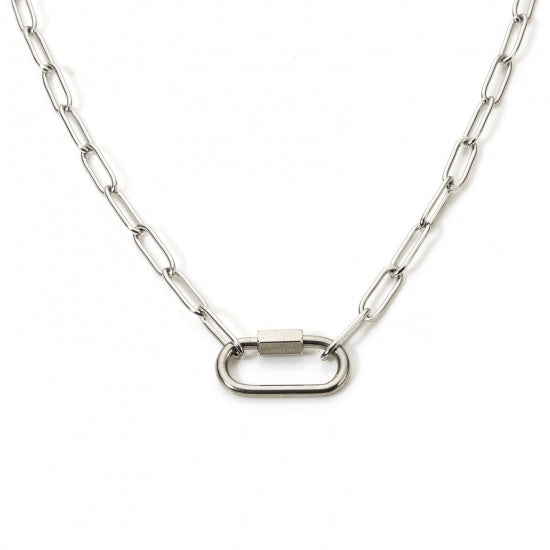 Stainless Steel Paperclip Chain Necklace - 18" - Carabiner Screw Clasp - N034