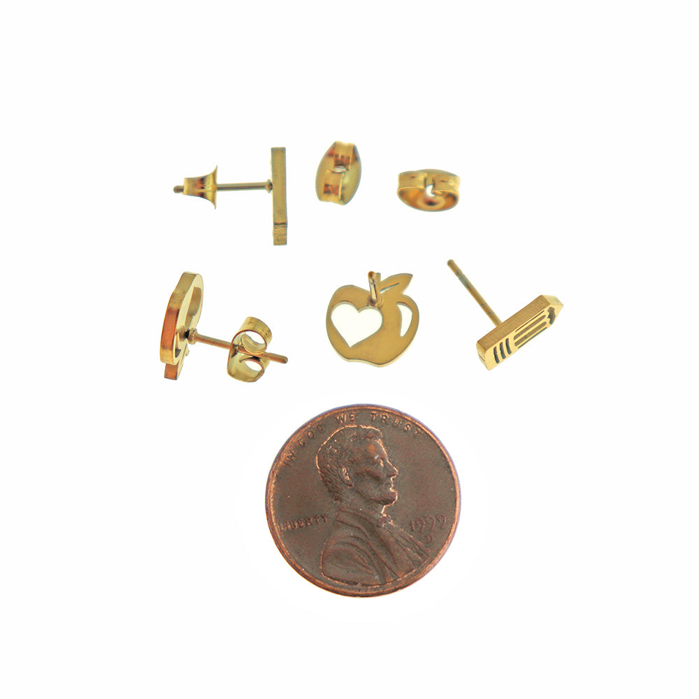 Boucles d'Oreilles Acier Inoxydable - Clous Pomme et Crayon - 10mm x 9mm - 2 Pièces 1 Paire - ER611
