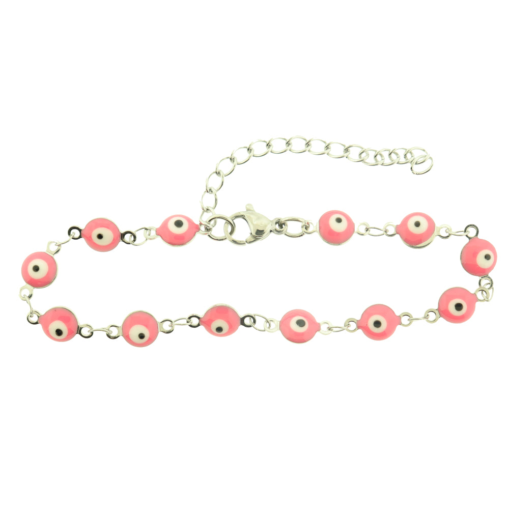 Titanium Steel Evil Eye Chain Bracelet 6" Plus Extender - 6mm - Enamel - Choose Your Color