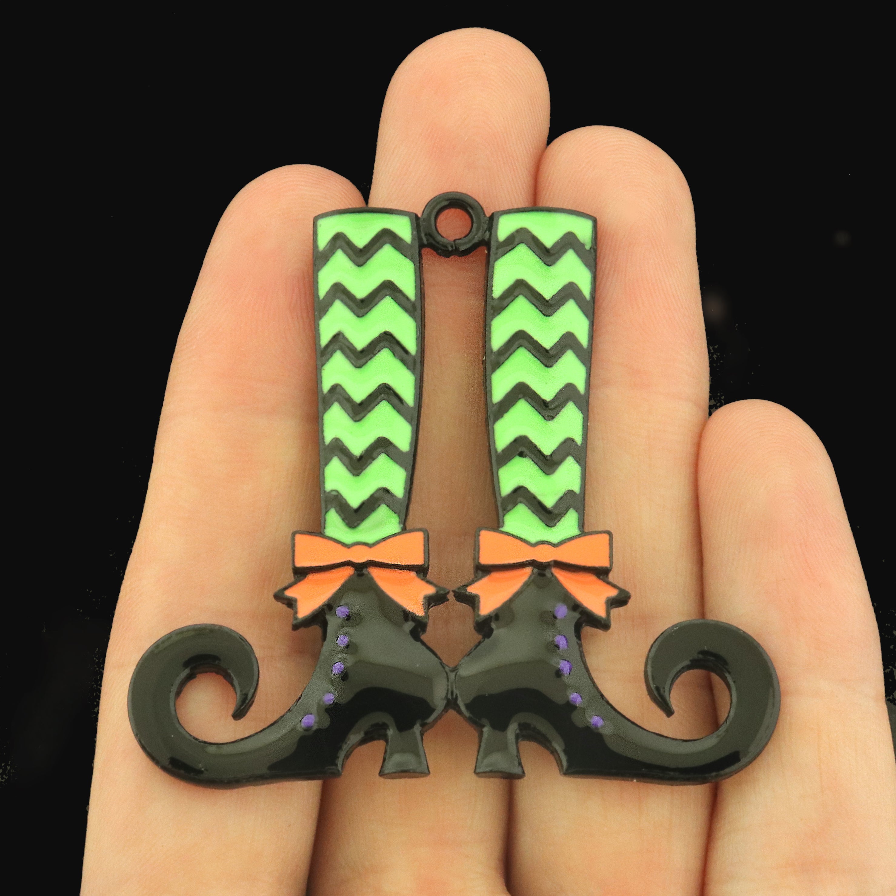 Witch Stripped Stockings and Boots Green and Black Tone Enamel Charm - E634