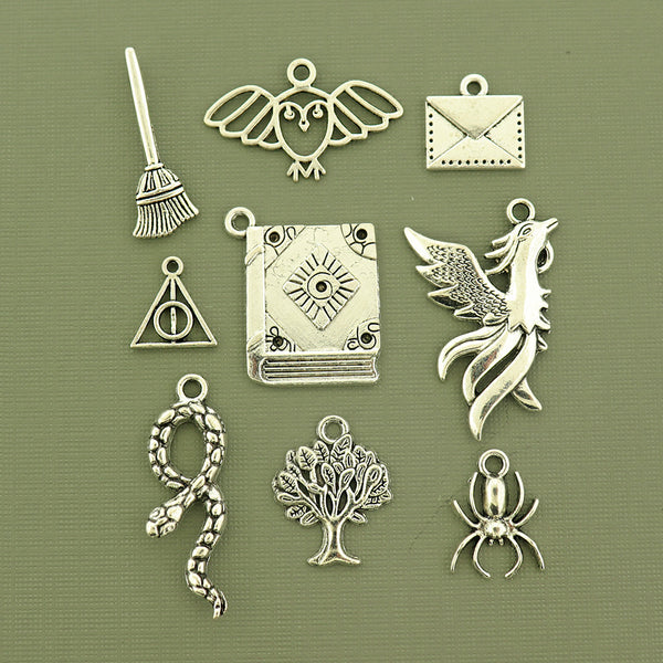 Wizard Collection Antique Silver Tone 9 Different Charms - COL453