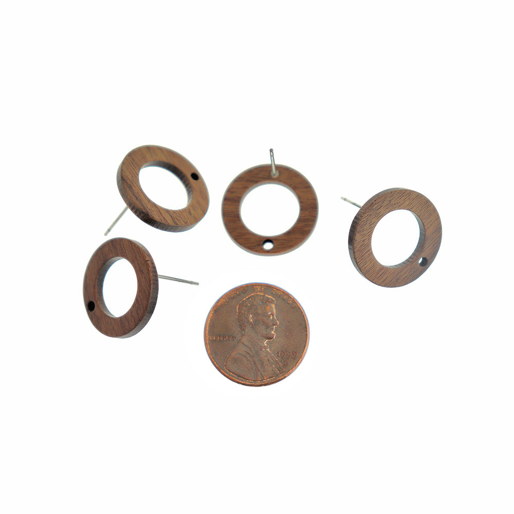 Wood Stainless Steel Earrings - Ring Studs - 18mm x 18mm - 4 Pieces 2 Pairs - ER637