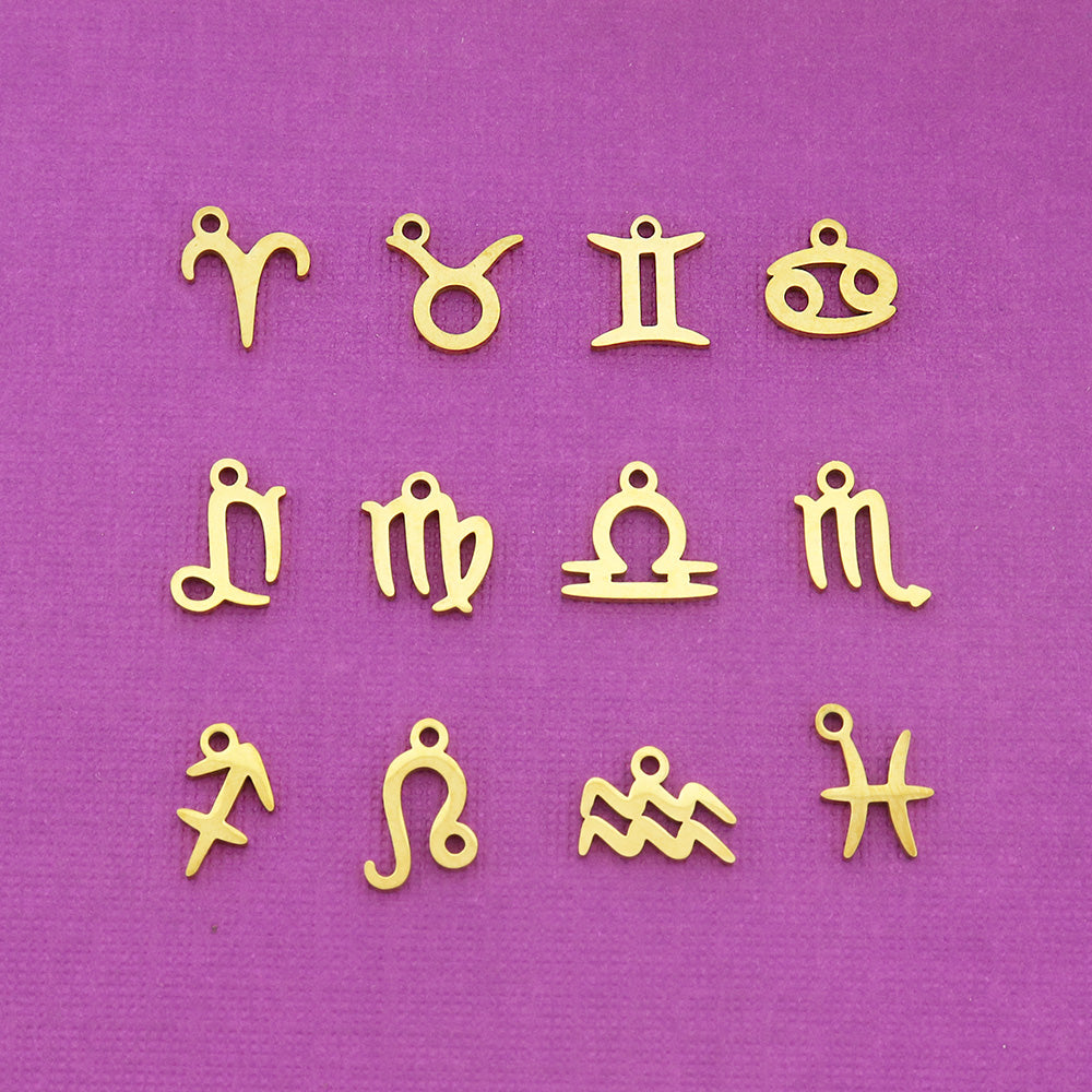 Zodiac Sign Stainless Steel Charm Collection Gold Tone 12 Charms - COL169