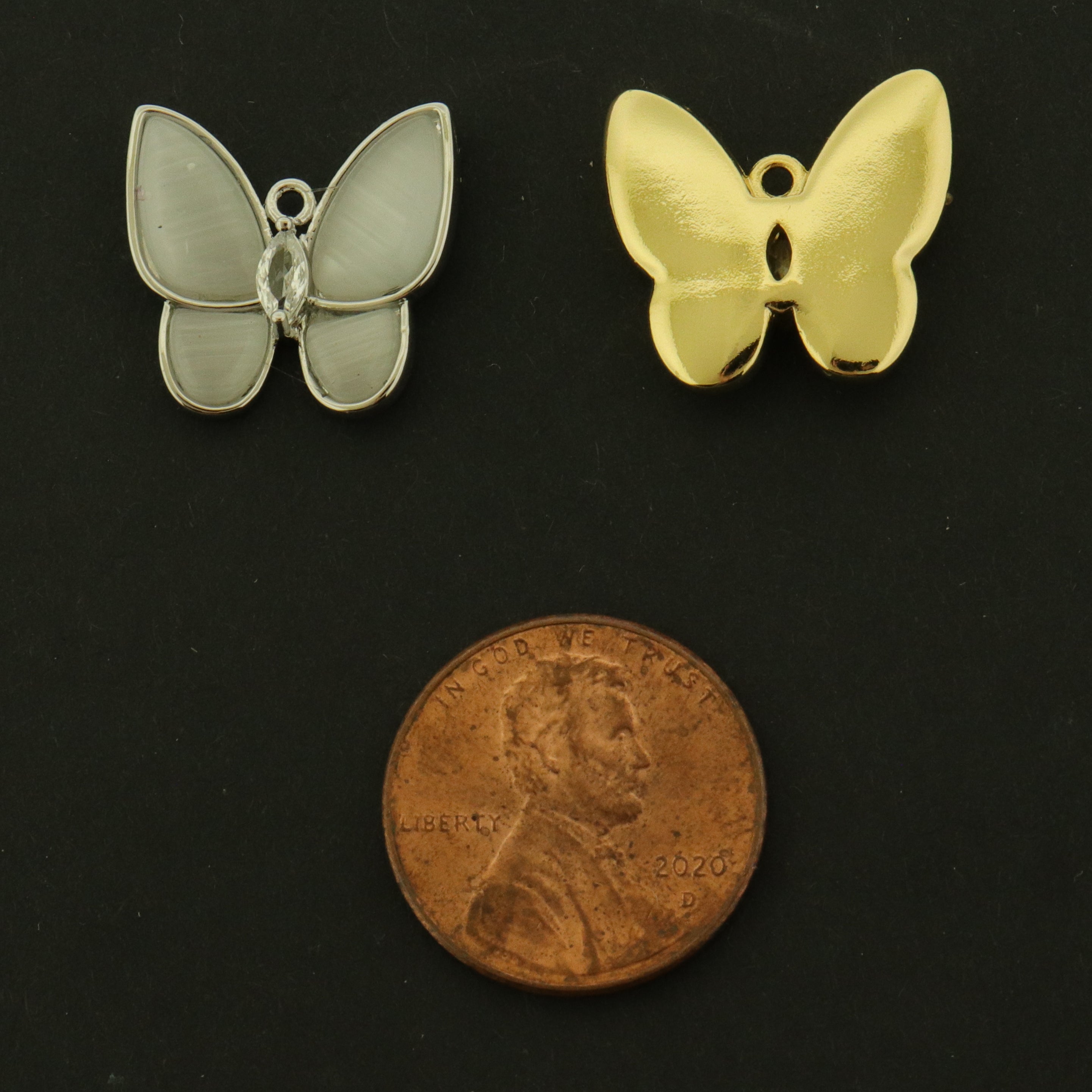 14k Gold Butterfly Charm - Cat's Eye Stone Pendant - 14k Gold Filled - Choose Your Tone!