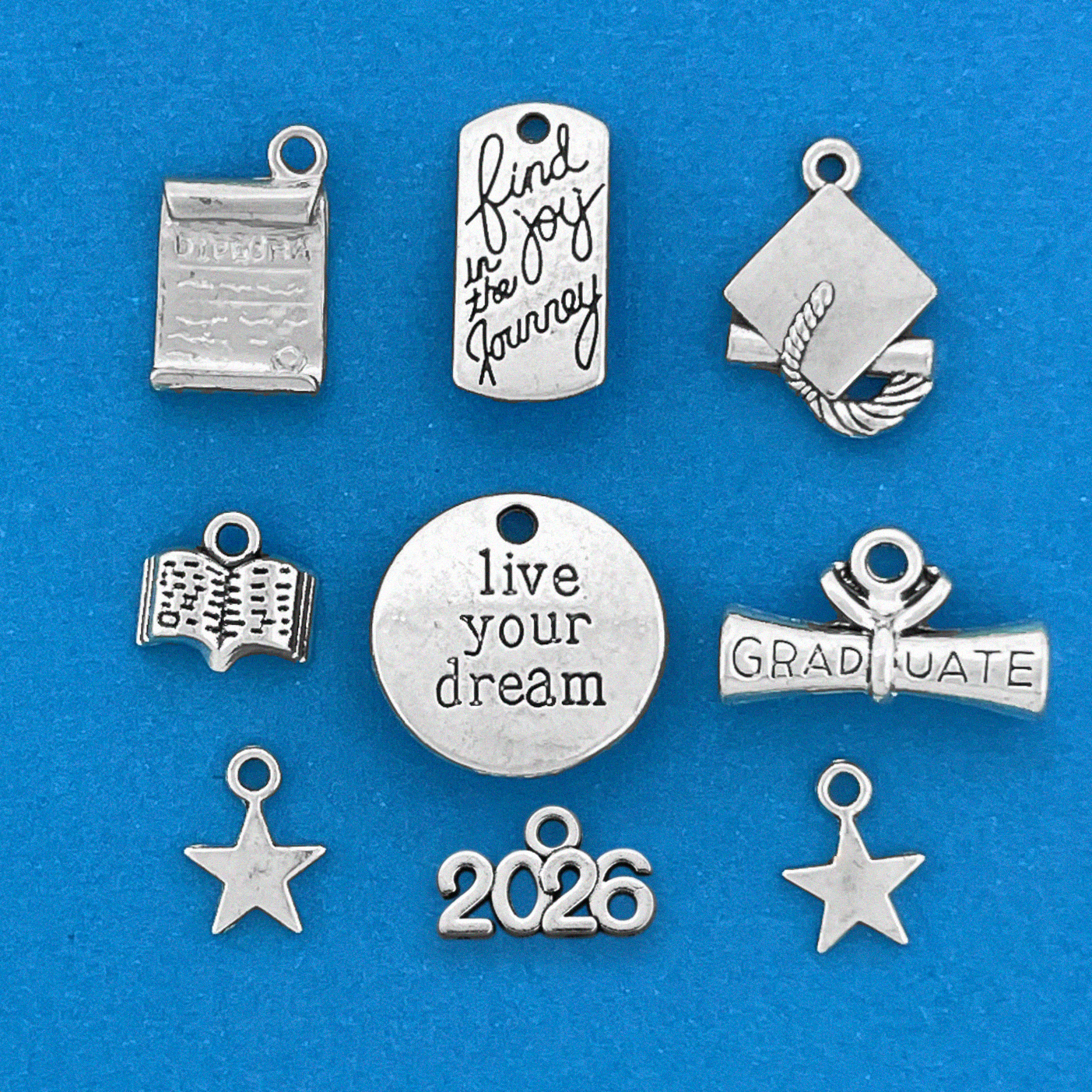 Class of 2026 Graduation Charm Collection Antique Silver Tone 9 Different Charms - COL195