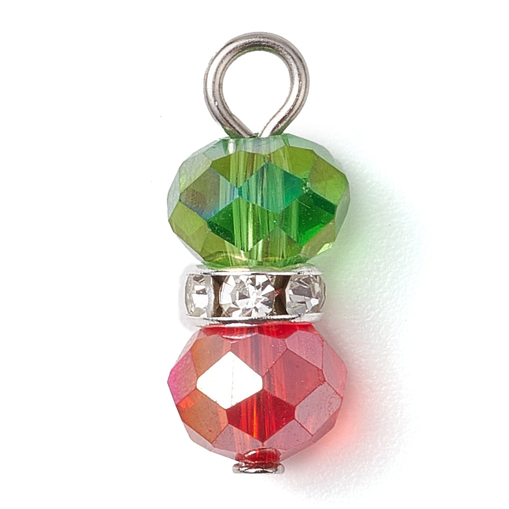 20 Christmas Tree Drop Pendants - Red and Green Beads with Rhinestones - XC158