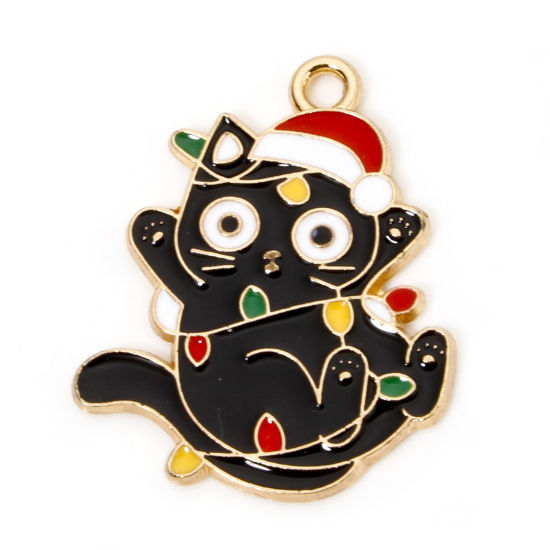 4 Christmas Cat with Lights Gold Tone Enamel Charms - E1236