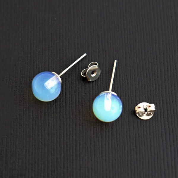 Silver Tone Brass Earrings - Natural Opalite Gemstone Ball Studs - 8mm - 2 Pieces 1 Pair - ER571