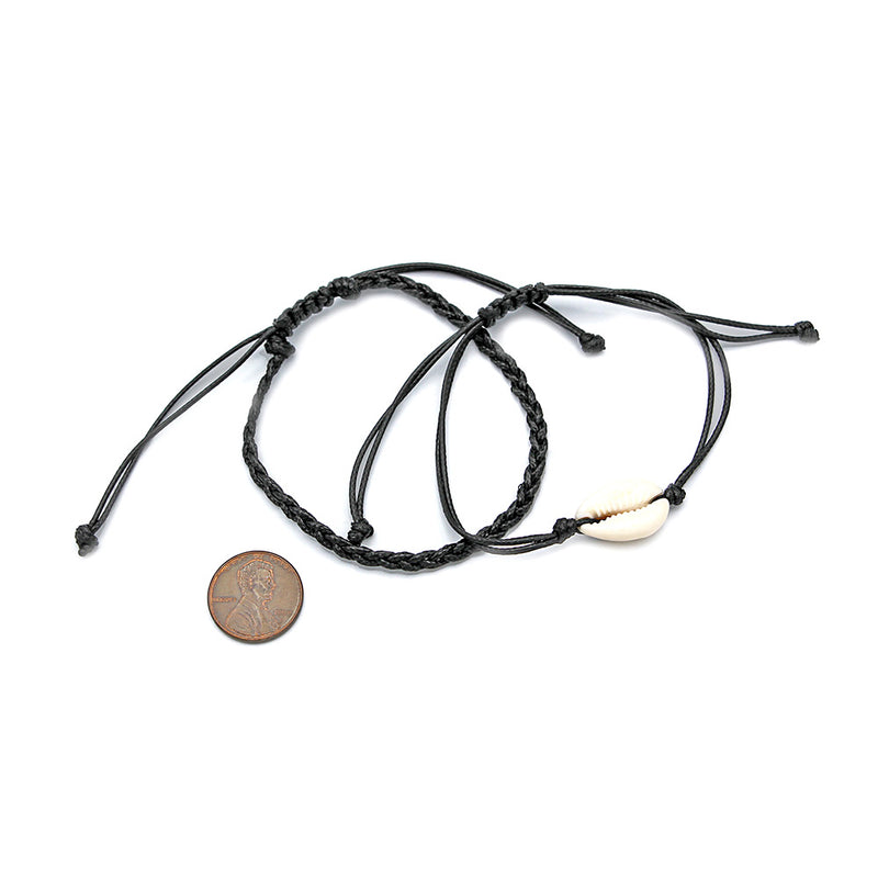 Cowrie Shell Wax Cord Adjustable Bracelets - 310mm - 1 Set 2 Bracelets - N734