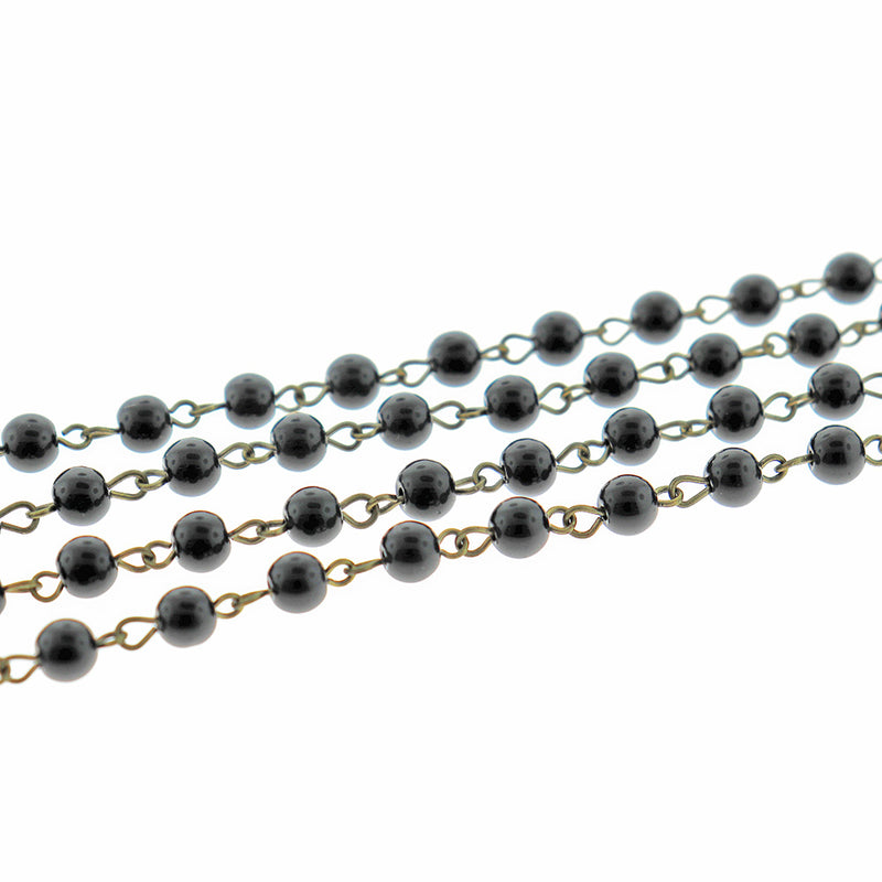 BULK Beaded Rosary Chain - 6mm Black Pearl Glass & Antique Bronze Tone - 3.3ft or 1m - RC037