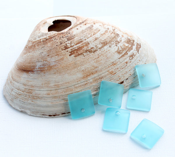 2 Pale Blue Curved Square Cultured Sea Glass Charms - U052