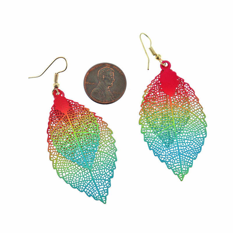 Rainbow Filigree Leaf Earrings - Gold Tone French Hook - 70mm - 2 Pieces 1 Pair - Z1319