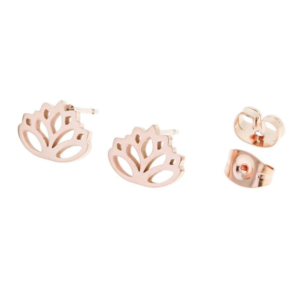 Rose Gold Stainless Steel Earrings - Lotus Studs - 10mm x 8mm - 2 Pieces 1 Pair - ER053
